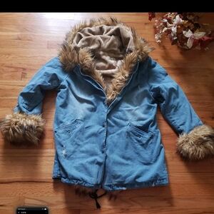 Roiii 2XL Light Blue Jean Faux L Fur-Trimmed Womens Coat Jacket Pockets